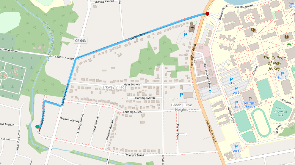 This rental home is less than a mile from the TCNJ campus. Map from 13 Great Woods Drive to TCNJ Campus